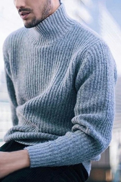 Street Style Sweater Plain High Collar Ribbed Trim Sweater for Men
