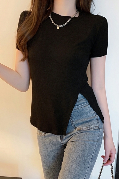 Summer Chic Tees Novel Ins Super Fire Slim Fit Side Slit Black Short Sleeve T-shirt