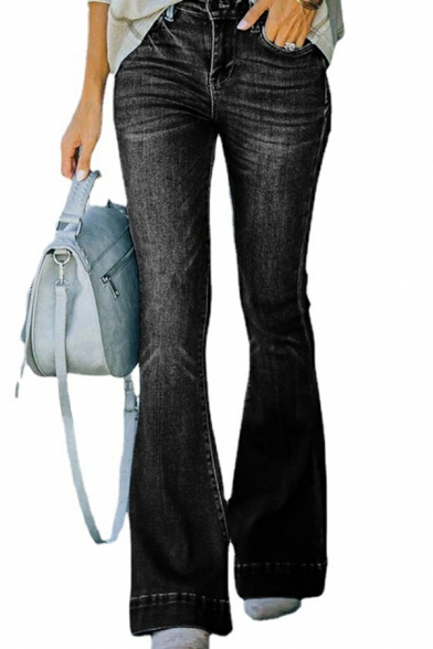 Trendy Jeans Plain Long Length Pocket Mid Rise Zip Placket Bootcut Jeans for Girls