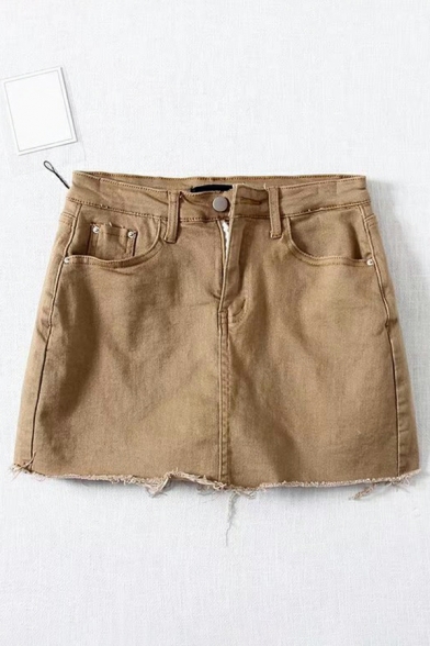 Vintage Skirt Solid Color Fitted Mini Length High Waist Zip Placket Denim Skirt for Girls