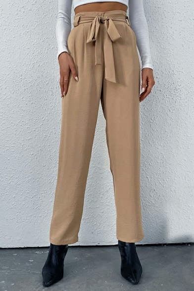Women Dashing Pants Pure Color Belt High Rise Ankle Length Elastic Waist Pants