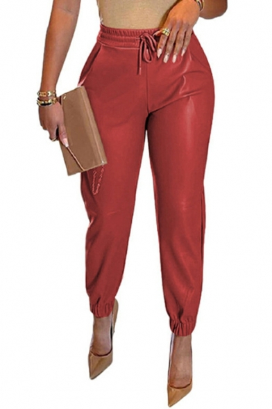 Women Trendy Pants Whole Colored Drawstring Waist Ankle Length Mid Rise Leather Pants