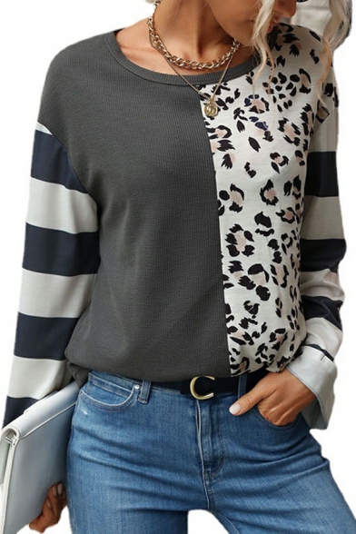 Womens Sweatshirt Contrast Stitching Round Collar Long-Sleeved Fitted Pullover Sweatshirt