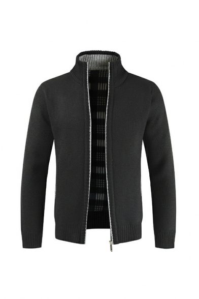 Casual Cardigan Heathered Stand Collar Brushed Full Zipper Ribbed Trim Cardigan for Men