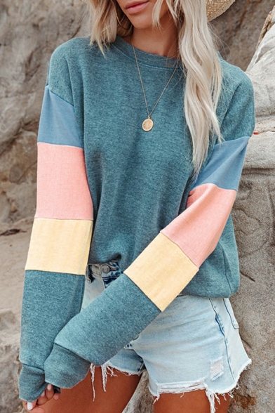 Chic Ladies Sweatshirt Contrast Color Regular Round Neck Long-Sleeved Pullover Sweatshirt