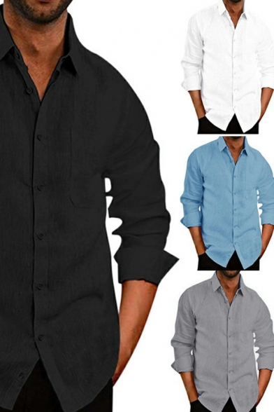 Classic Shirt Pure Color Turn-down Collar Long Sleeves Regular Button down Shirt for Men