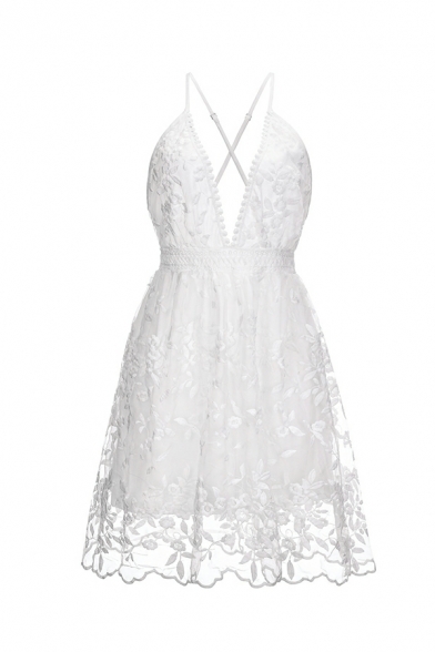 Fancy Dress Plain V Neck Spaghetti Straps Backless Mini Lace Design Dress for Ladies