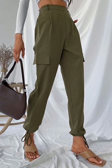 Freestyle Pants Plain Flap Pocket Ribbons High Rise Ankle Length Pants for Ladies