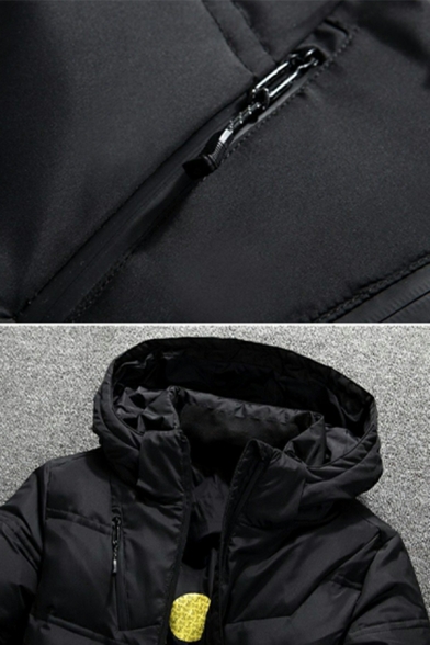 Guy's Creative Parka Coat Pure Color Hooded Long-Sleeved Regular Zip Down Parka Coat