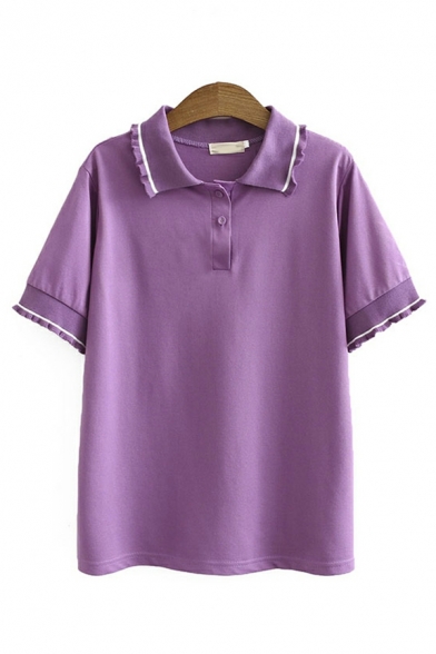 Ladies Fashionable Polo Shirt Stripe Print Short Sleeve Point Collar Button-up Polo Shirt