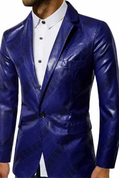 Novelty Guy's Blazer Stripe Print Chest Pocket Lapel Collar Long Sleeve One Button Blazer