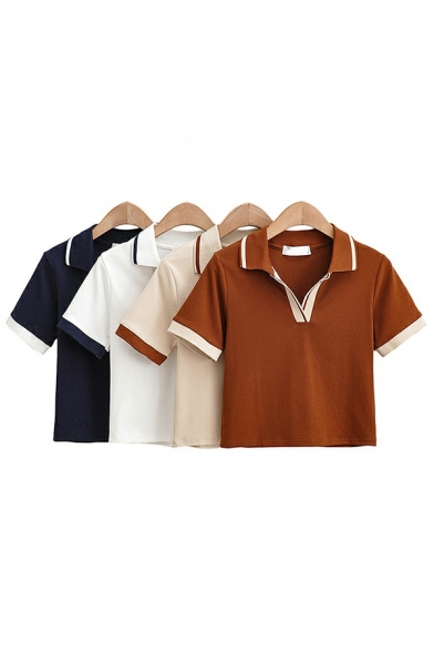 Novelty Polo Shirt Contrast Line V Neck Short Sleeve Cropped Polo Shirt for Girls