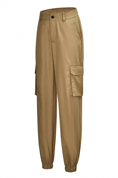 Plain Casual Pants Women's High Waist Straight Narrow Leg Cargo Pants (Without Belt)