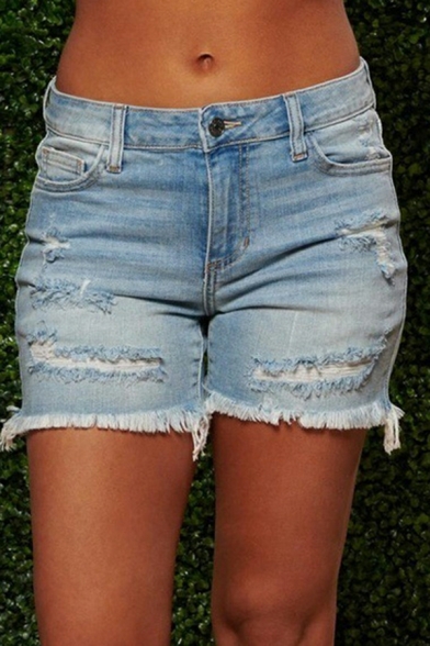Urban Shorts Solid Color Ripped Mid Waist Slimming Zip Placket Denim Shorts for Ladies