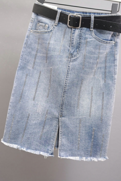 Boyish Skirt Pure Color Mid Rise Split Front Pocket Denim Mini Skirt for Ladies