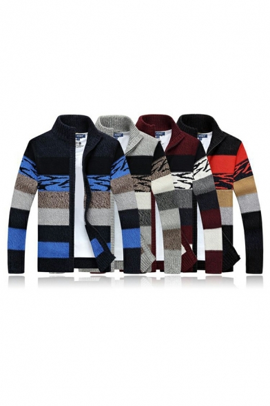 Casual Men Cardian Striped Pattern Stand Collar Long Sleeves Slimming Zip Closure Cardian