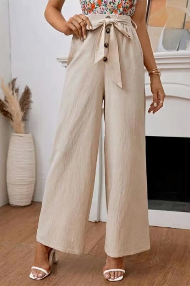 Dashing Girls Pants Solid Straight Drawstring High Waist Full Length Button Design Pants
