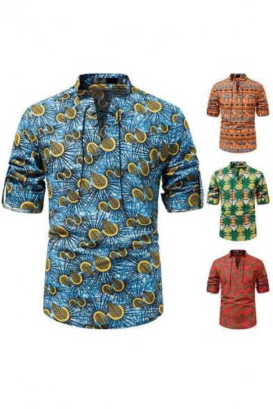 Dashing T-Shirt Tropical Pattern Stand Collar Slim Fitted Long Sleeve Tee Shirt for Boys