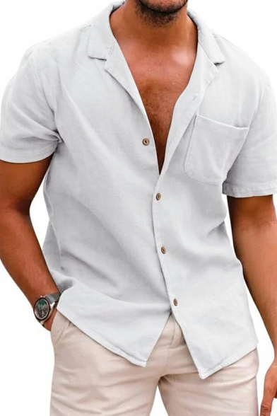 Fancy Guy's Shirt Solid Color Chest Pocket Notched Lapel Short Sleeves Button Fly Shirt