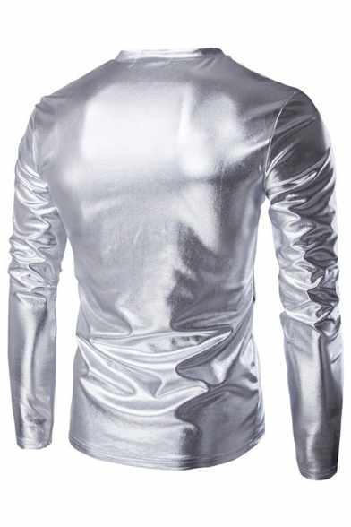 Guys Hot Tee Shirt Silver Shiny Print Long Sleeve V Neck Slim Fitted Tee Top