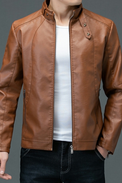 Street Style Guy's Jacket Solid Color Pocket Designed Long Sleeves Zipper Leather Jacket