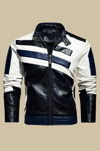 Trendy Guys Jacket Contrast Color Long Sleeve Stand Collar Slim Zip Closure Leather Jacket