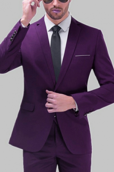 Causal Men Blazer Suit Pure Color Lapel Collar Long Sleeves with Pants Skinny Blazer Suit