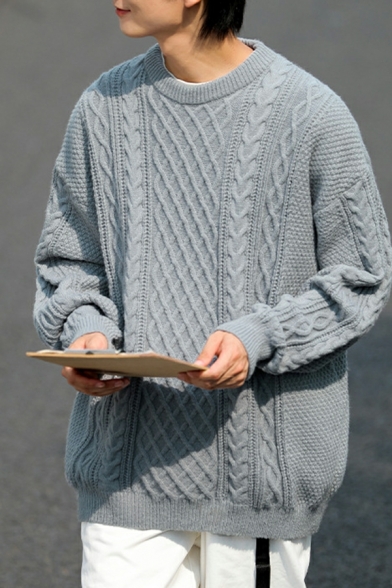 Chic Knitwear Plain Ribbed Trim Long-sleeved Crew Neck Relaxed Pullover Sweater for Boys