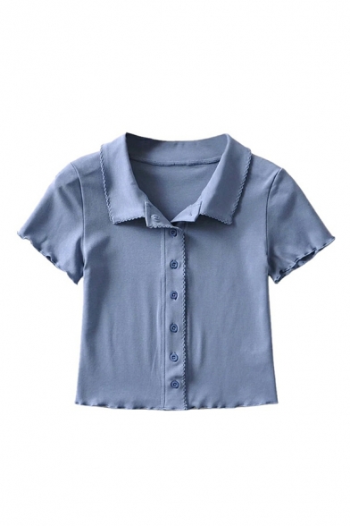 Chic Women Polo Shirt Pure Color Short Sleeve Spread Collar Button Fly Fitted Polo Shirt