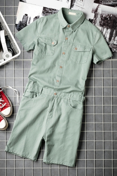 Cool Men Rompers Solid Color Pocket Turn-down Collar Short Sleeve Button down Rompers