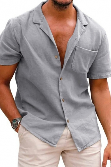 Fancy Guy's Shirt Solid Color Chest Pocket Notched Lapel Short Sleeves Button Fly Shirt