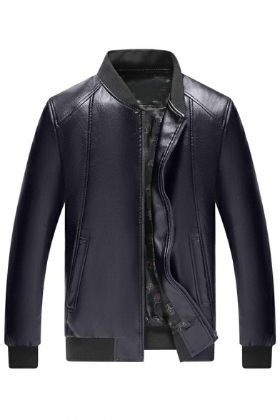 Fancy Jacket Contrast Trim Long Sleeves Fitted Zip Placket Stand Collar PU Jacket for Men