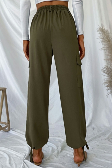 Freestyle Pants Plain Flap Pocket Ribbons High Rise Ankle Length Pants for Ladies