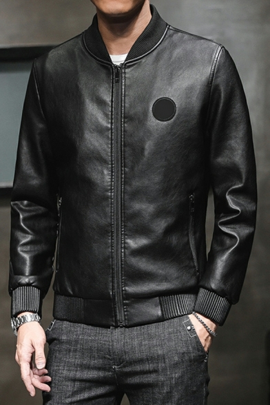 Mens Vintage Jacket Badge Print Stand Collar Long Sleeves Fitted Zipper Leather Jacket