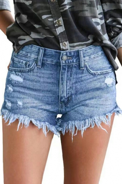 Modern Women Shorts Solid Front Pocket Mid Waist Skinny Distressed Zip-up Denim Shorts