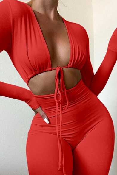 Retro Ladies Jumpsuits Pure Color V-neck Hollow Out Long Sleeve Drawstring Jumpsuits