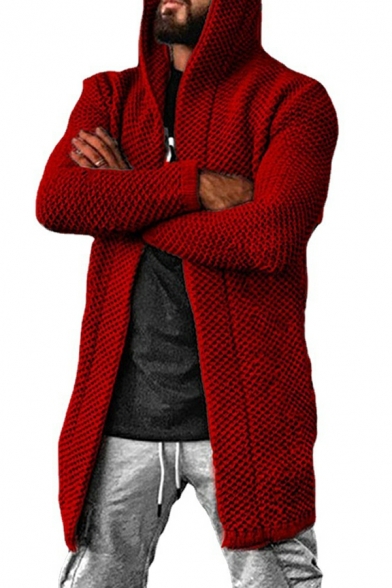 Simple Cardigan Solid Color Hooded Open Front Ribbed Trim Cardigan for Men