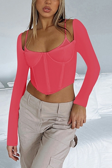 Sporty Cropped T-Shirt Plain Square Collar Long Sleeves T-Shirt for Women