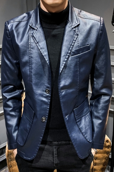 Street Style Guy's Jacket Solid Color Pocket Designed Long Sleeve Button-up Leather Jacket