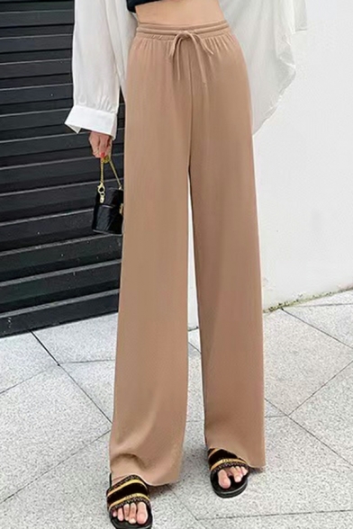Street Style Pants Pure Color Pocket High Rise Full Length Drawcord Baggy Pants for Ladies