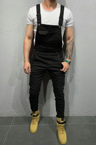Unique Overalls Sleeveless Pure Color Pocket Front Skinny Overalls for Men
