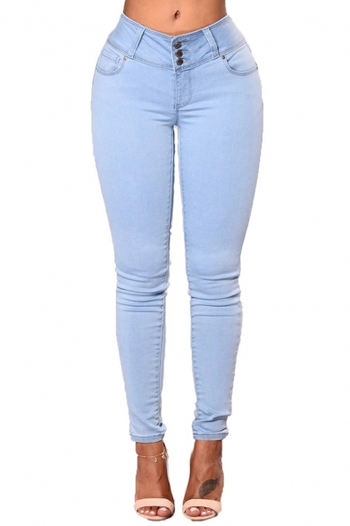 Women Cozy Jeans Solid Color High Rise Long Length Skinny Zipper Jeans