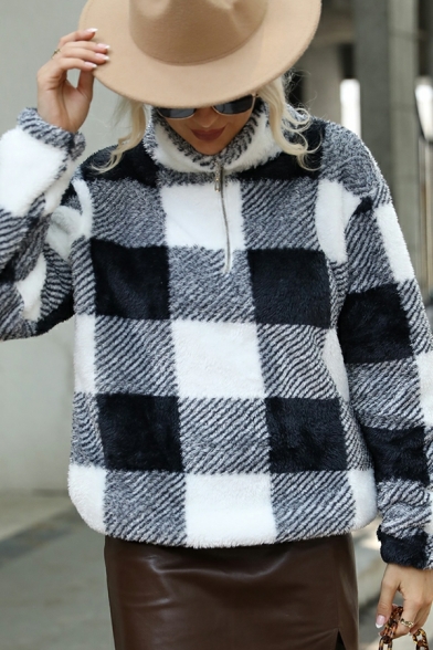 Women Stylish Hoodie Checked Pattern Loose Fitted Long-Sleeved Spread Collar Zip-up Hoodie