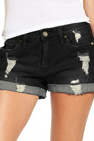 Basic Women Shorts Plain Distressed Mid Waist Pocket Zip Closure Denim Turn Up Shorts