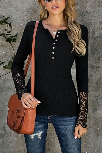 Casual Ladies Tee Shirt Solid Color Lace Long Sleeves Crew Neck Relaxed Button Tee Shirt