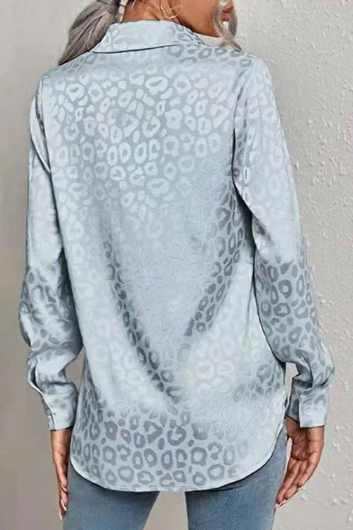 Long Sleeve Lapel Shirt Ladies Elegant Commuter Satin Leopard Button-Up Shirt