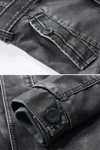 Street Look Men Jacket Solid Pocket Stand Collar Regular Long Sleeve Zipper Leather Jacket