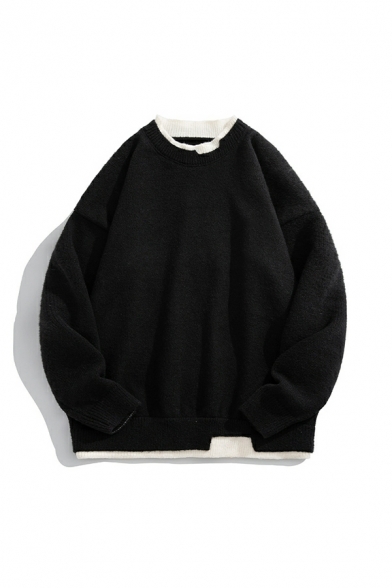 Street Look Sweater Faux Twinset Panel Round Neck Ribbed Trim Sweater for Men