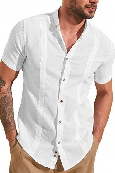 Summer Lapel Shirt Men's Casual Solid Color Short Sleeve Cotton Breasted Shirt