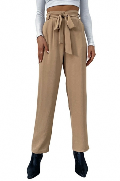 Women Dashing Pants Pure Color Belt High Rise Ankle Length Elastic Waist Pants